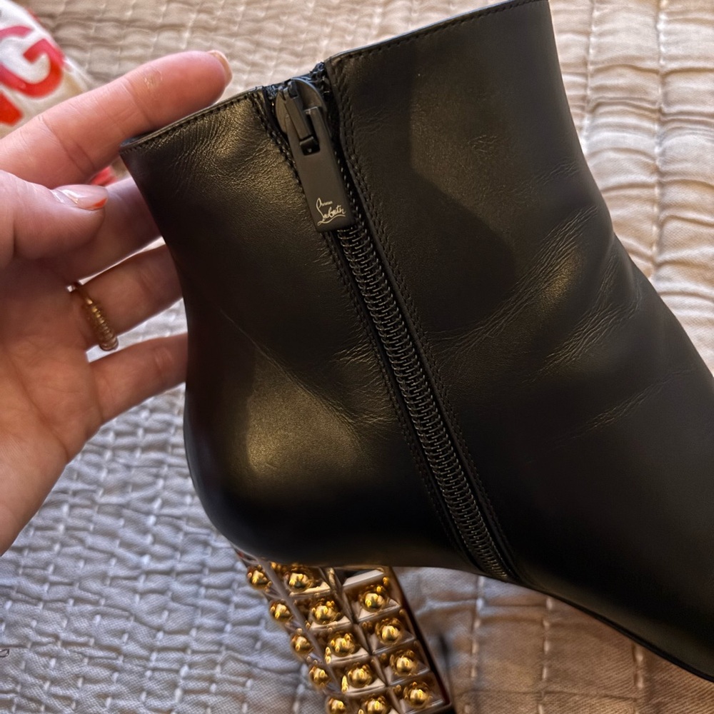 NEW Christian Louboutin Red Bottoms Black Booties with Gold Studded Block Heel - Picture 12 of 12